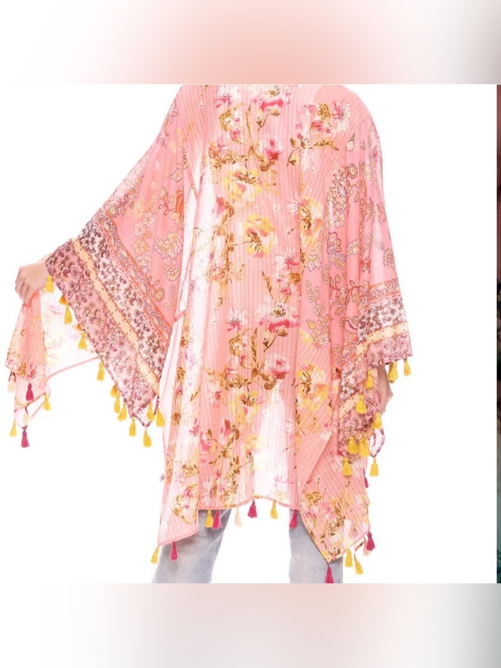 Aratta Pink Floral Sheer Kimono Wrap with Yellow Tassel Trim - Picture 3 of 9